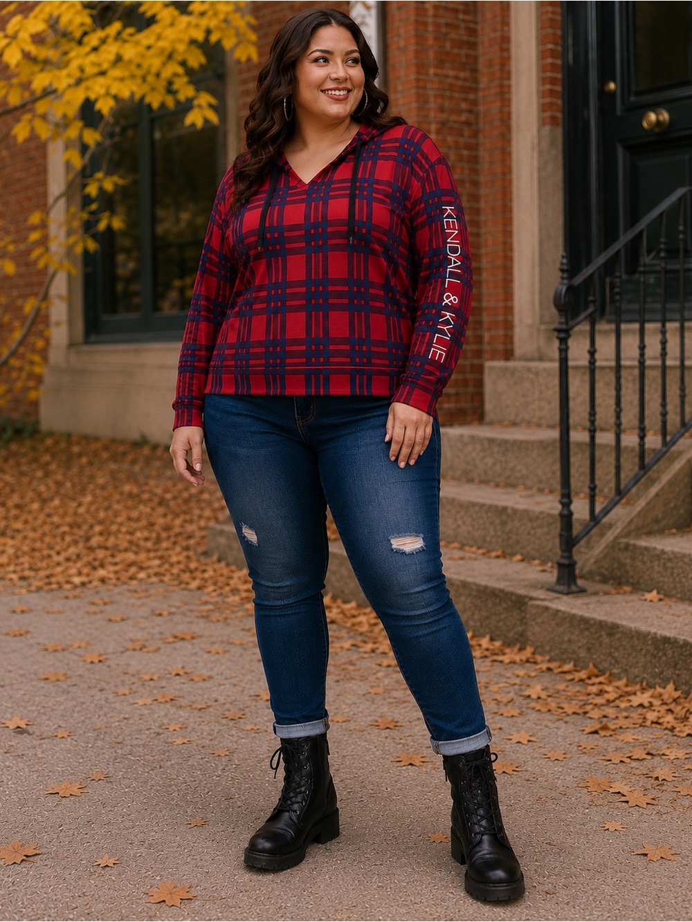 Plus Size Plaid Hoodie NWT Red Blue Tartan Pullover Fall Grunge Kendall & Kylie